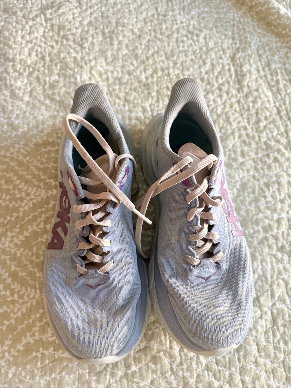 Hoka Women's Light Gray and Pink Athletic Running Shoes